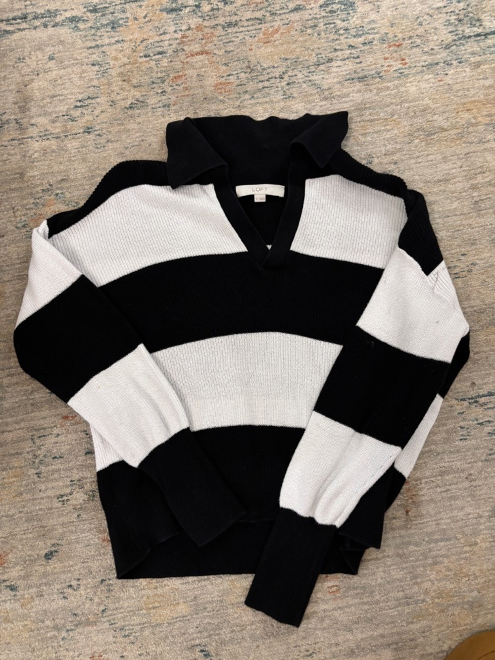 LOFT Black and White Striped Collared V-Neck Sweater